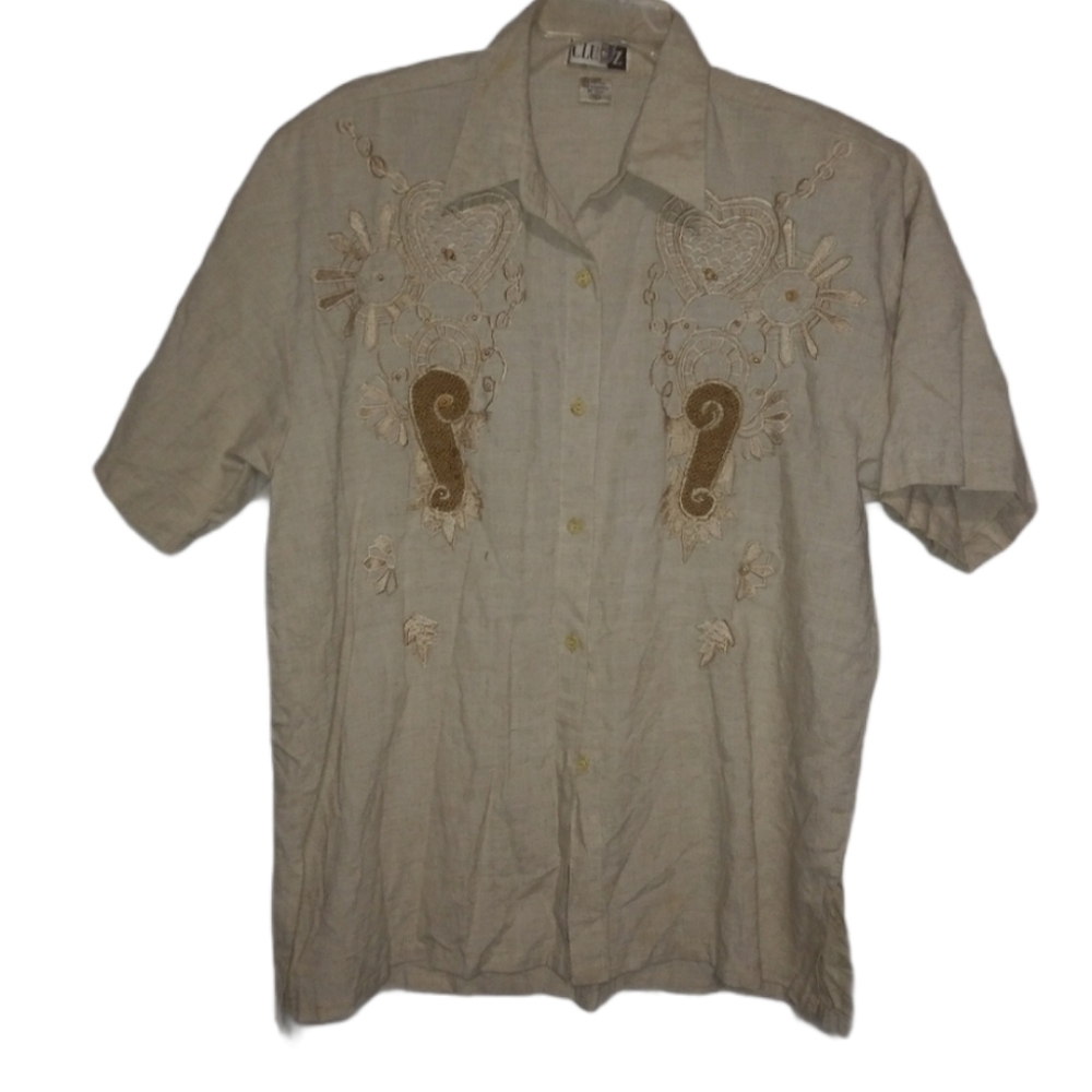 Vintage L Linen Cotton Blend Chocolate Cream Top